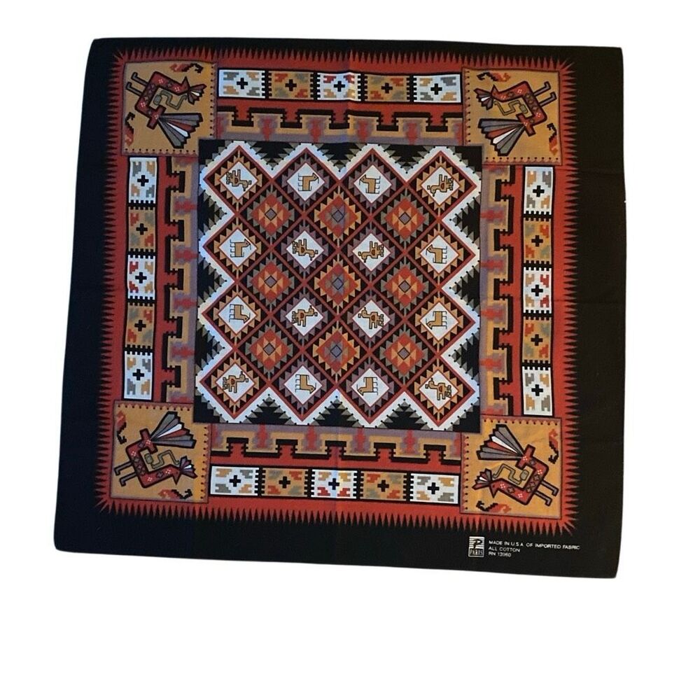 Vintage Paris Bandana Native American Southwest Black Red Made In The USA Scarf